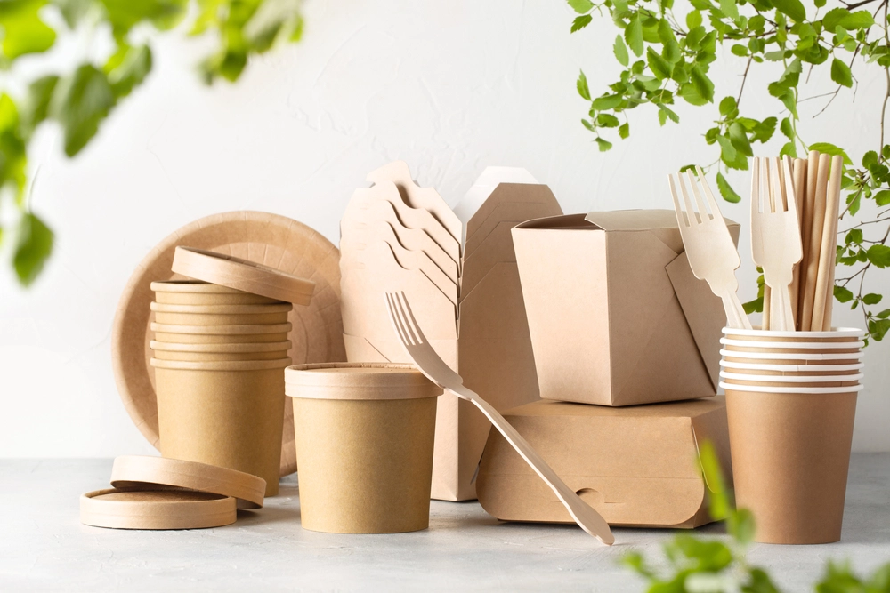 Image of eco-friendly packaging options, such as compostable bags or recycled cardboard.