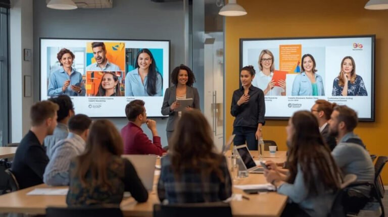 A meeting discussing topics about Spanish-language digital