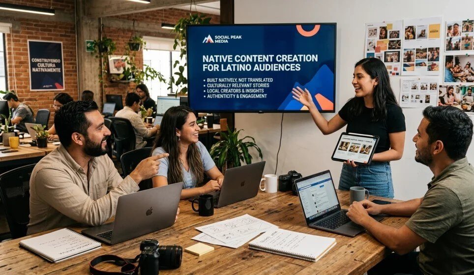 A professionals working at Social Peak Media office at 4230 Lyle Street working on a detailed marketing plan