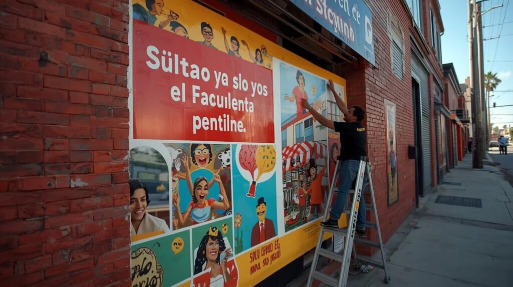 An advertisement posted in a wall focused in driving the Hispanic market using bilingual marketing ideas nearby Social Peak Media office at 4230 Lyle Street Sacramento California