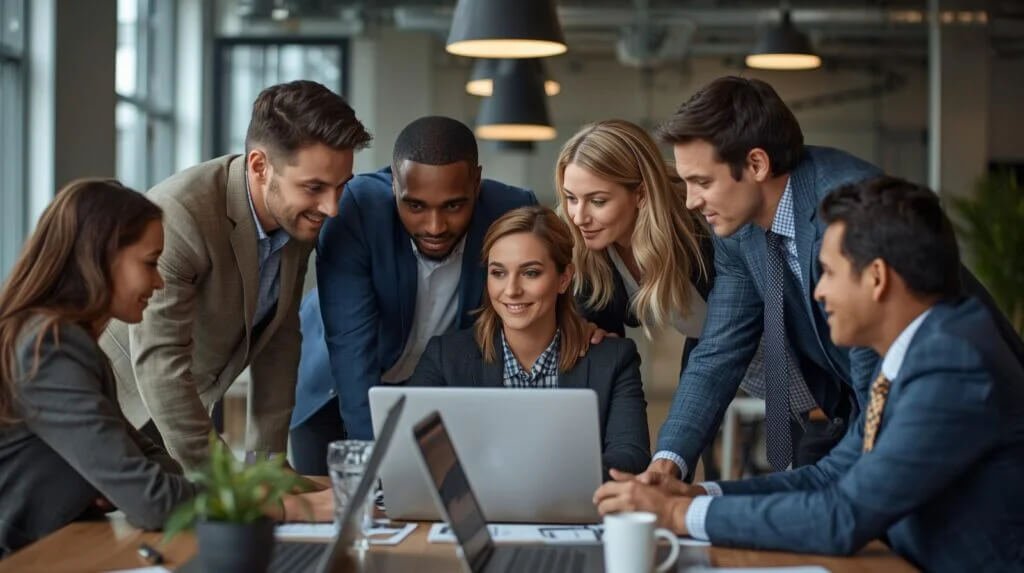 
Social Peak Media: A diverse team of professionals collaborating on a bilingual marketing strategy for US businesses across multiple industries.