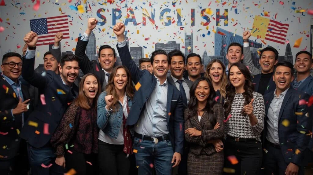 Social Peak Media: A diverse marketing team celebrates a Spanglish big win for a Spanish-language digital marketing campaign.