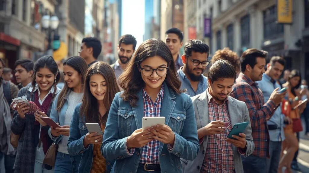 Social Peak Media: A diverse group of people using smartphones to represent the digitally active and economically powerful US Hispanic market.