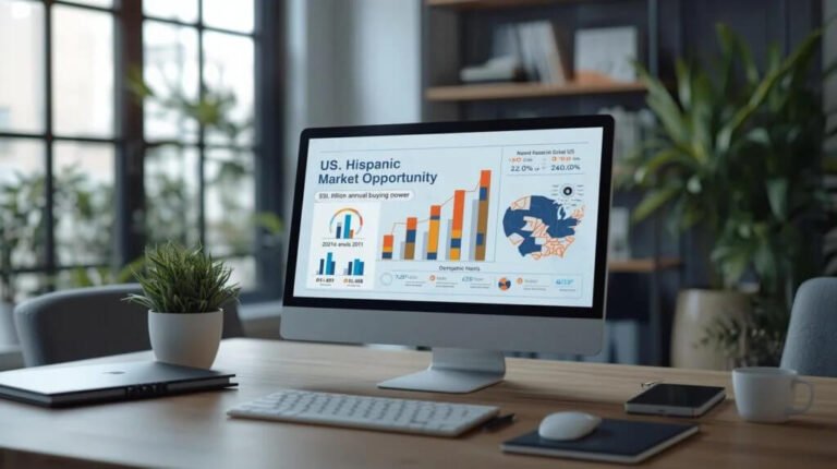 Social Peak Media: Desktop monitor displaying a data dashboard for the US Hispanic market opportunity and bilingual marketing growth.